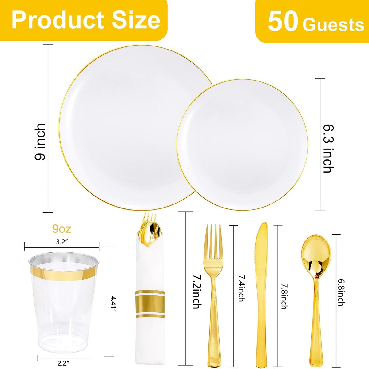 KIRE 350 PCS White and Gold Plates Disposable - Elegant Dinnerware Set of 50 Guest, White Plastic