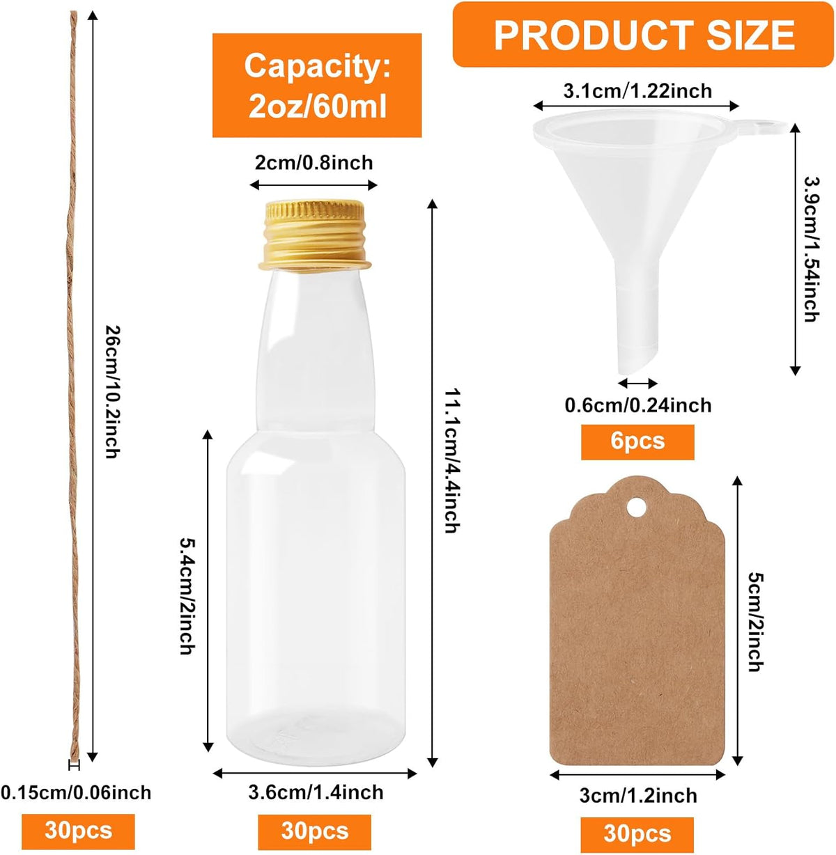 96 Pcs Mini Liquor Bottles Set, 30 Pcs 2oz Plastic Alcohol Bottles with Gold Cap, 30pcs Kraft Tags