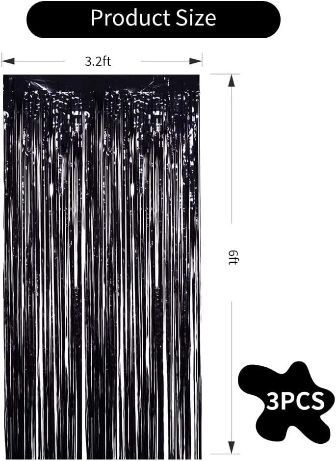 TONIFUL 3Pcs Black Door Streamers,Photo Booth Backdrop,Metallic Streamers Black Foil Fringe