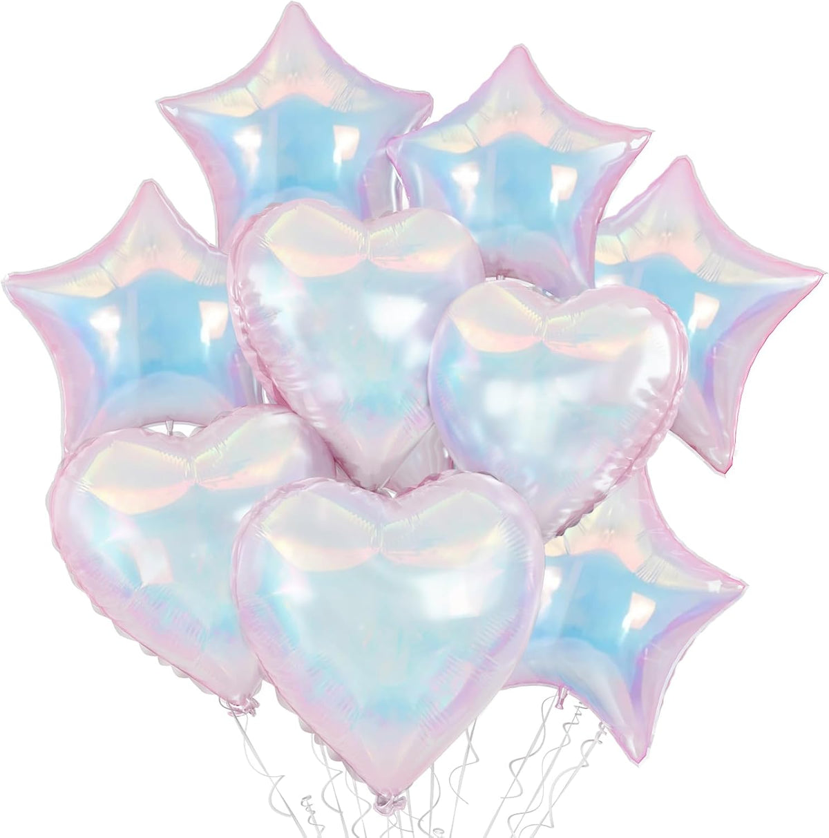 9Pcs Iridescent Foil Balloons, 18in Heart Star Iridescent Balloons Large Holographic Clear Foil
