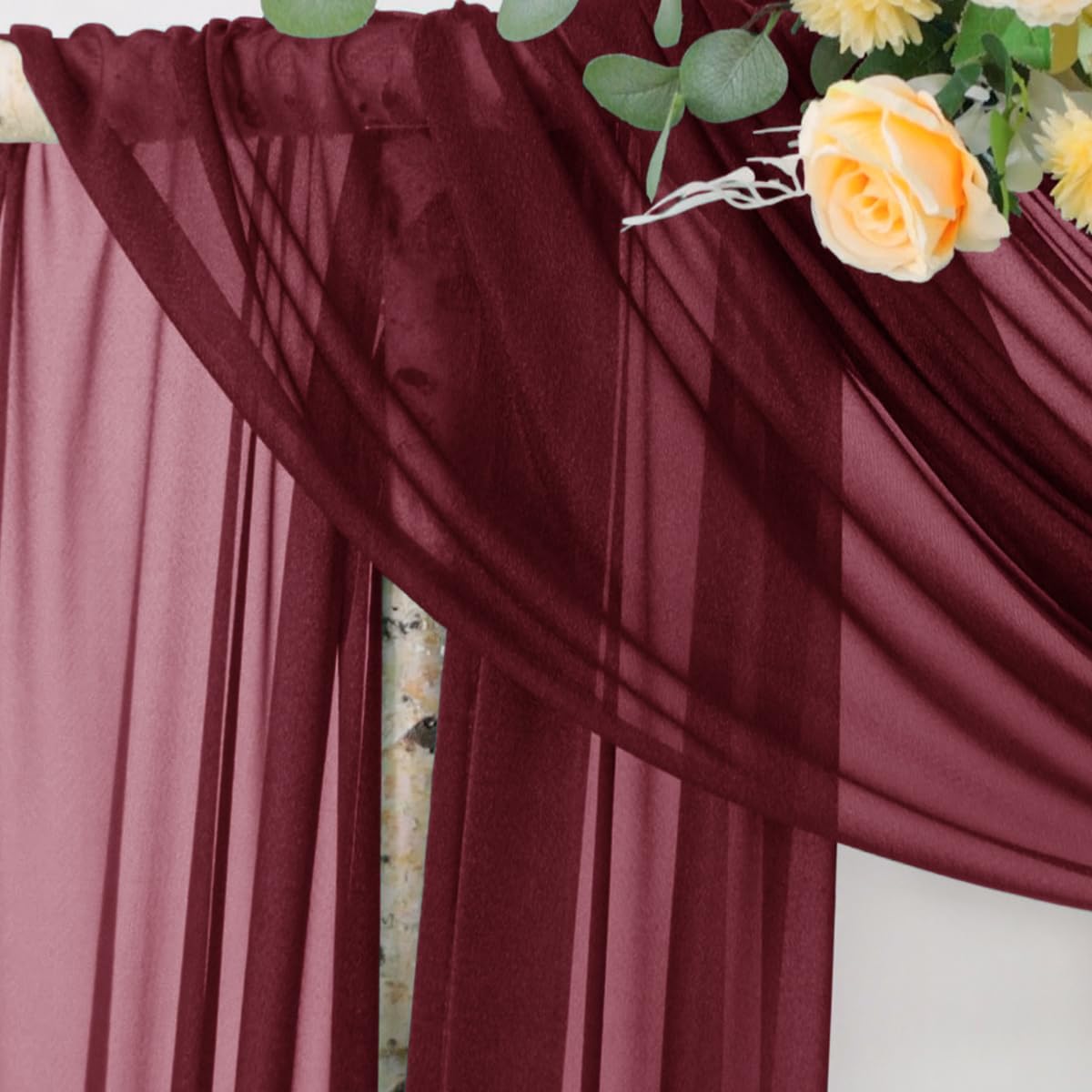 Socomi Wedding Arch Draping Fabric 29" x 20Ft 2 Panels Burgundy Sheer Outdoor Curtain Drapes Extra