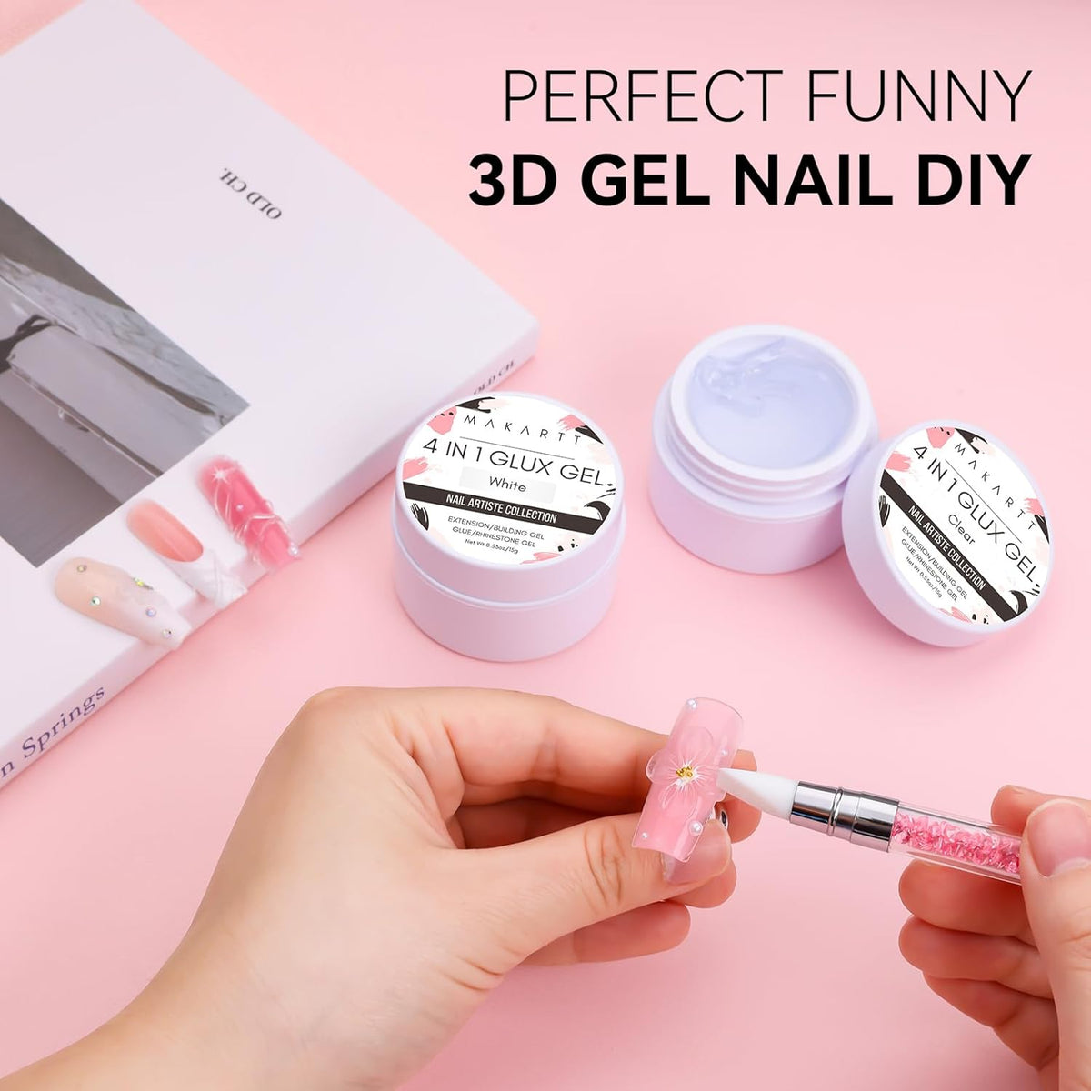 Makartt 3D Gel Nail Art: 4-in-1 Clear & White Solid Gel Builder Non-sticky for Extension 3D