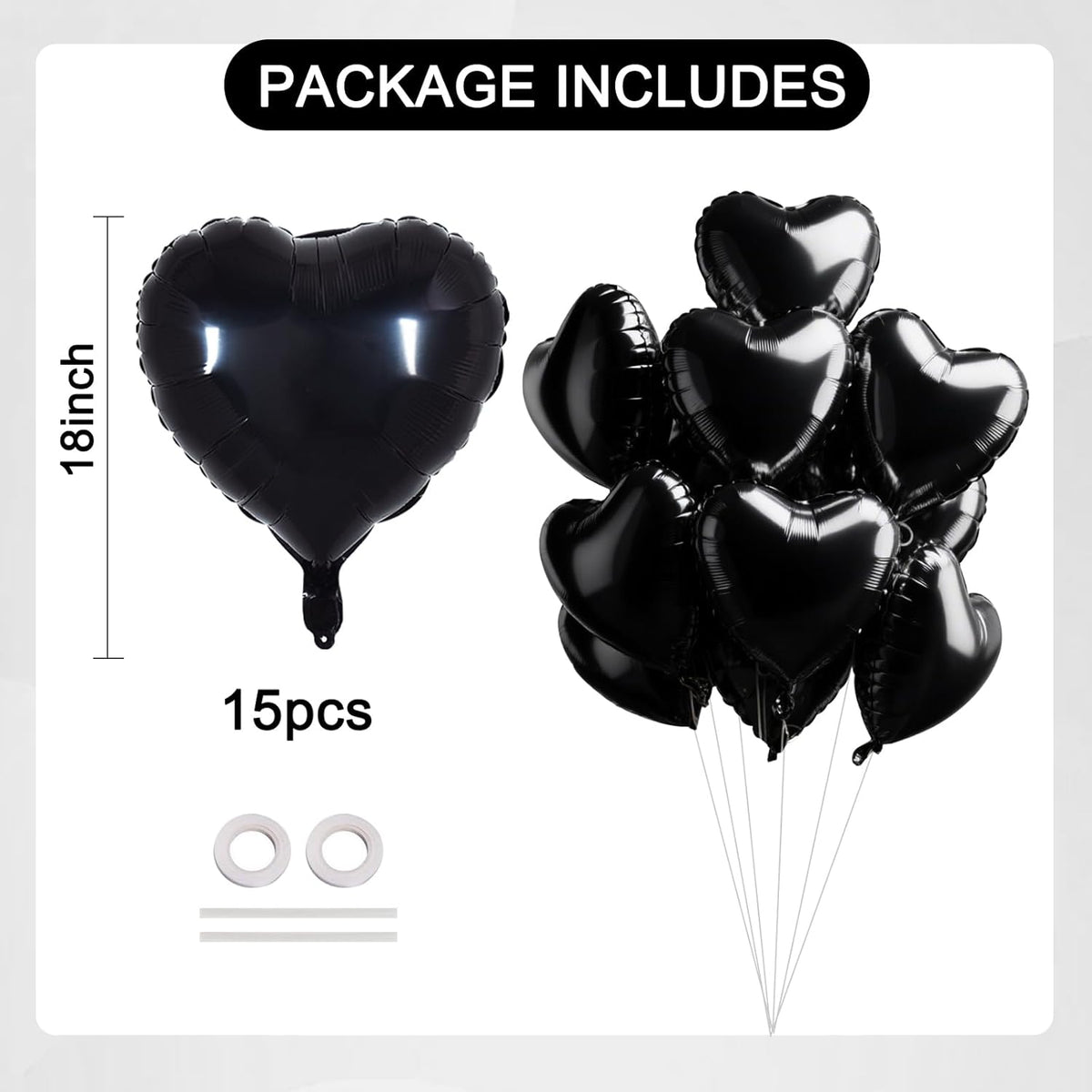 TONIFUL 15Pcs 18 Inch Black Heart Balloons Black Heart Shape Foil Mylar Balloons Decoration for