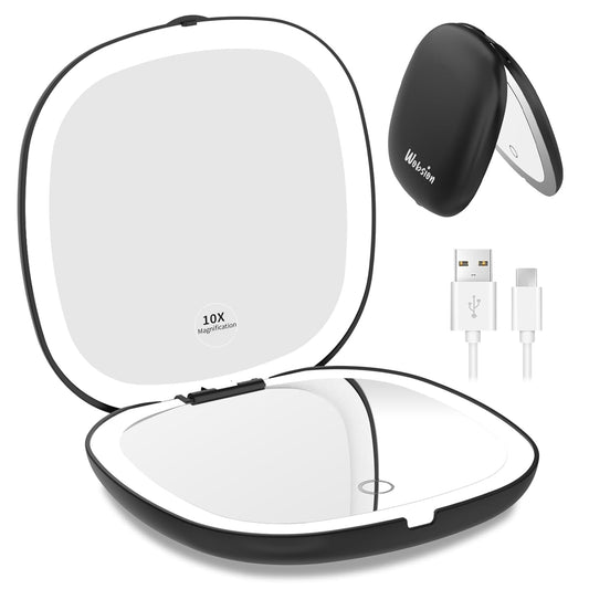 WOBSION Rechargeable Lighted Travel Makeup Mirror,1x/10x Compact Magnifying Mirror with
