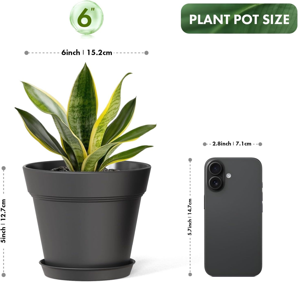 6 Inch Thick Plastic Plant Pots with Drainage Holes and Trays – 6 Pack Nursery Pots for Indoor &