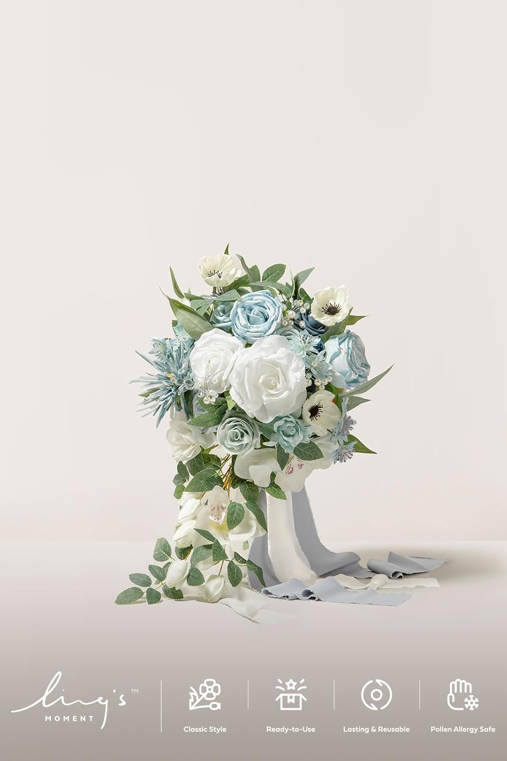 Ling's moment Dusty Blue Bridal Bouquet Cascading, Wedding Bouquets for Bride, 15 Inch Bride