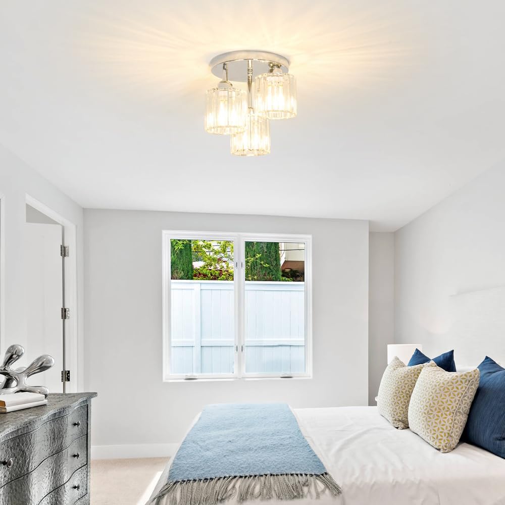 Crystal Ceiling Light Fixture, Chrome Semi Flush Mount Ceiling Light Fixture, 3-Light Hallway