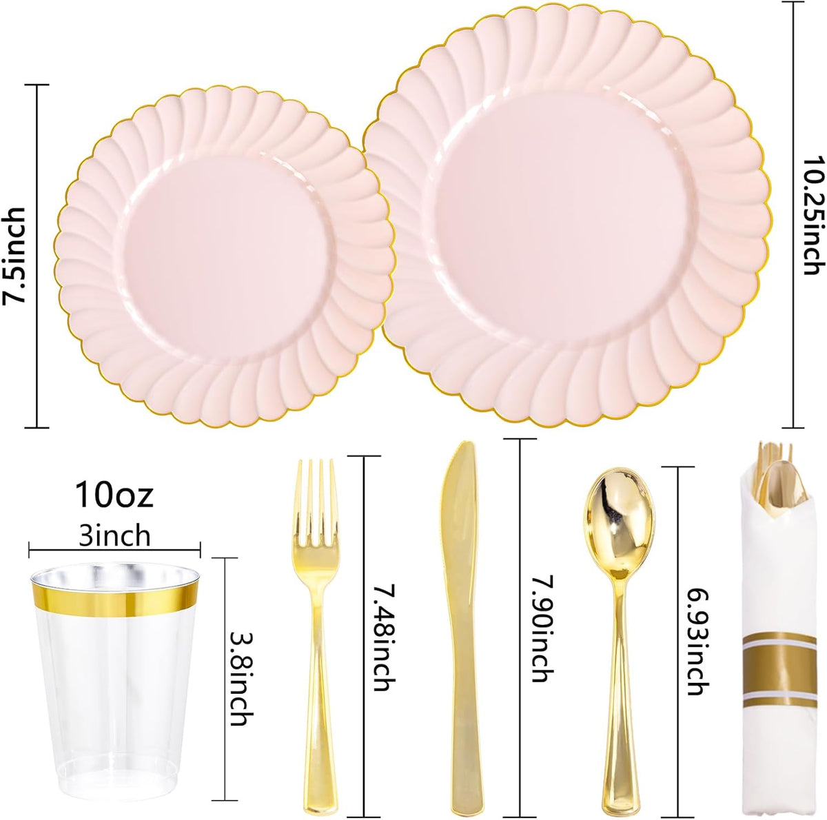 YOUBET 350PCS Pink Scalloped Plastic Plates - Pink and Gold Disposable Dinnerware Set Include 100