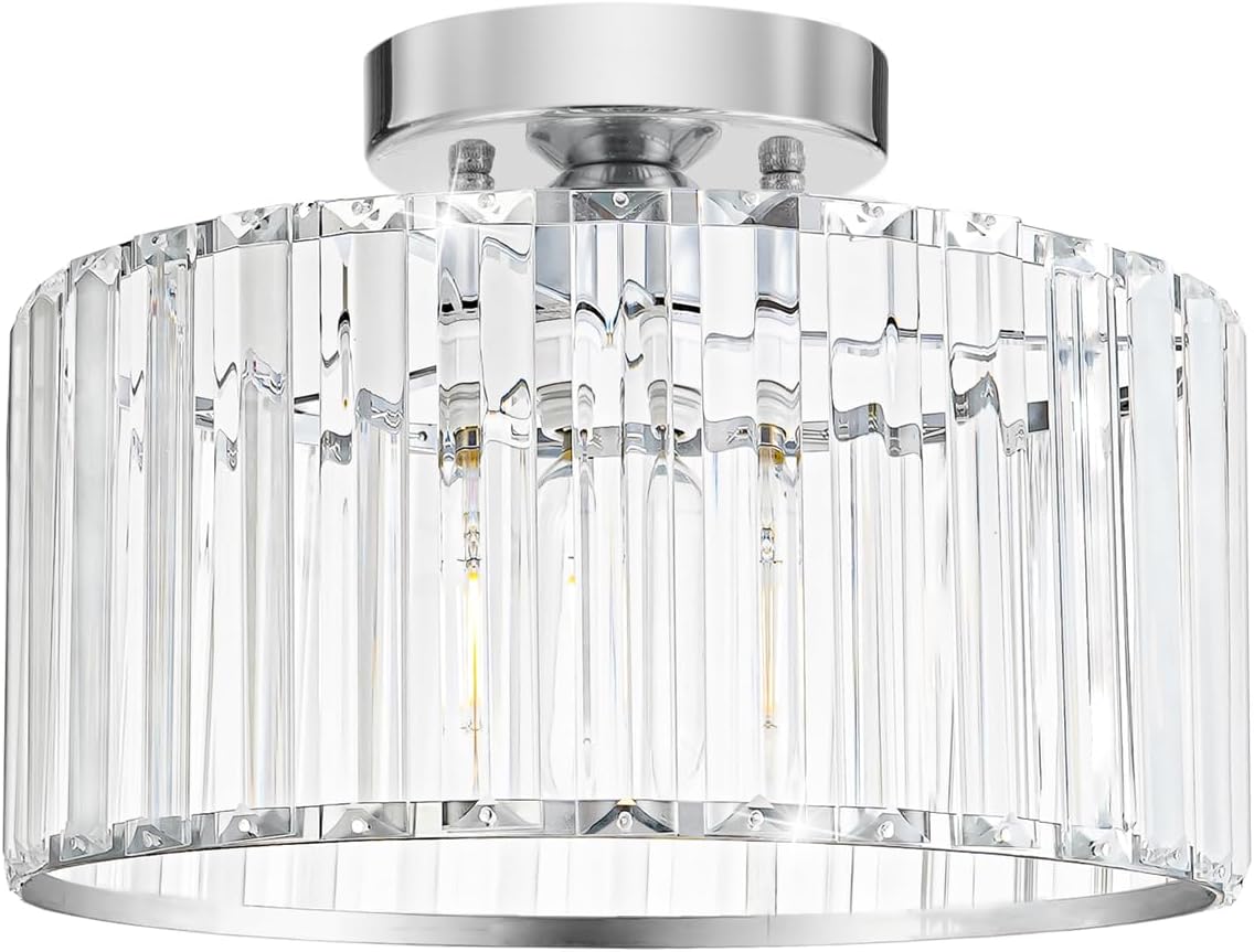Crystal Ceiling Light Fixture, Chrome Close To Ceiling Light Fixtures, Modern Semi Flush Mount