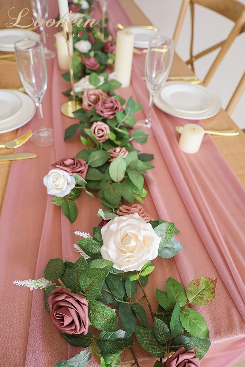 Lookein Artificial Rose Flower Garland Greenery Garland 5FT for Wedding Ceremony Backdrop Arch