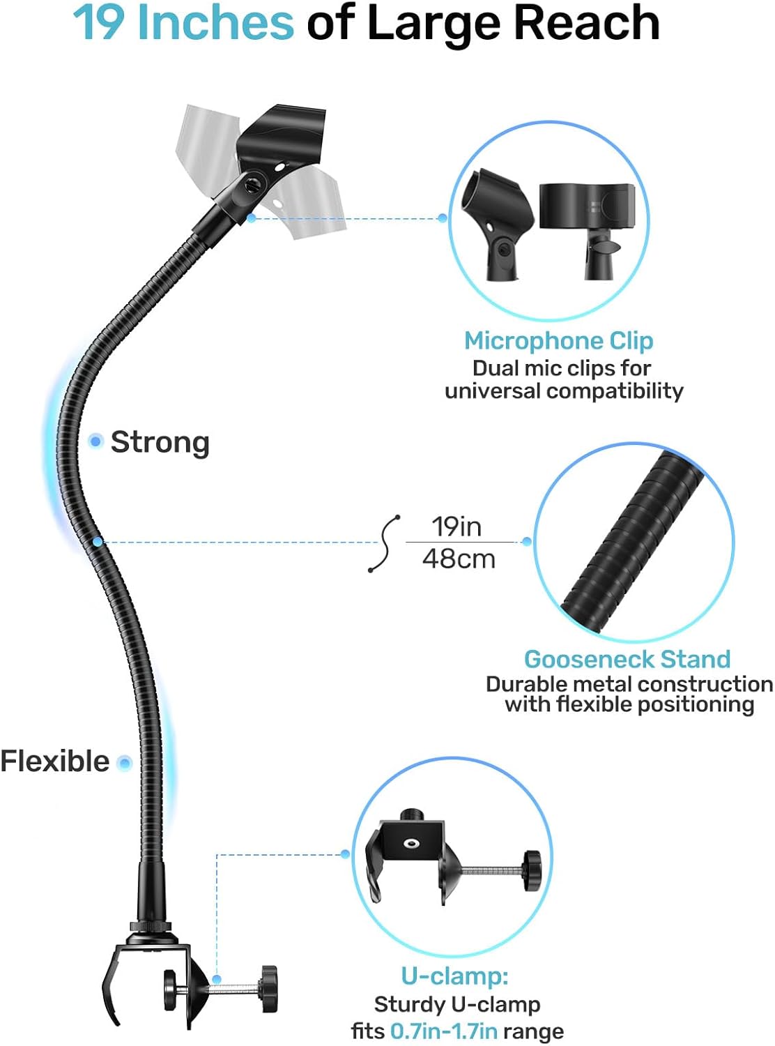 19-inch Gooseneck Microphone Holder Stand, Flexible Mic Arm with Super Crab Clamp for Mic
