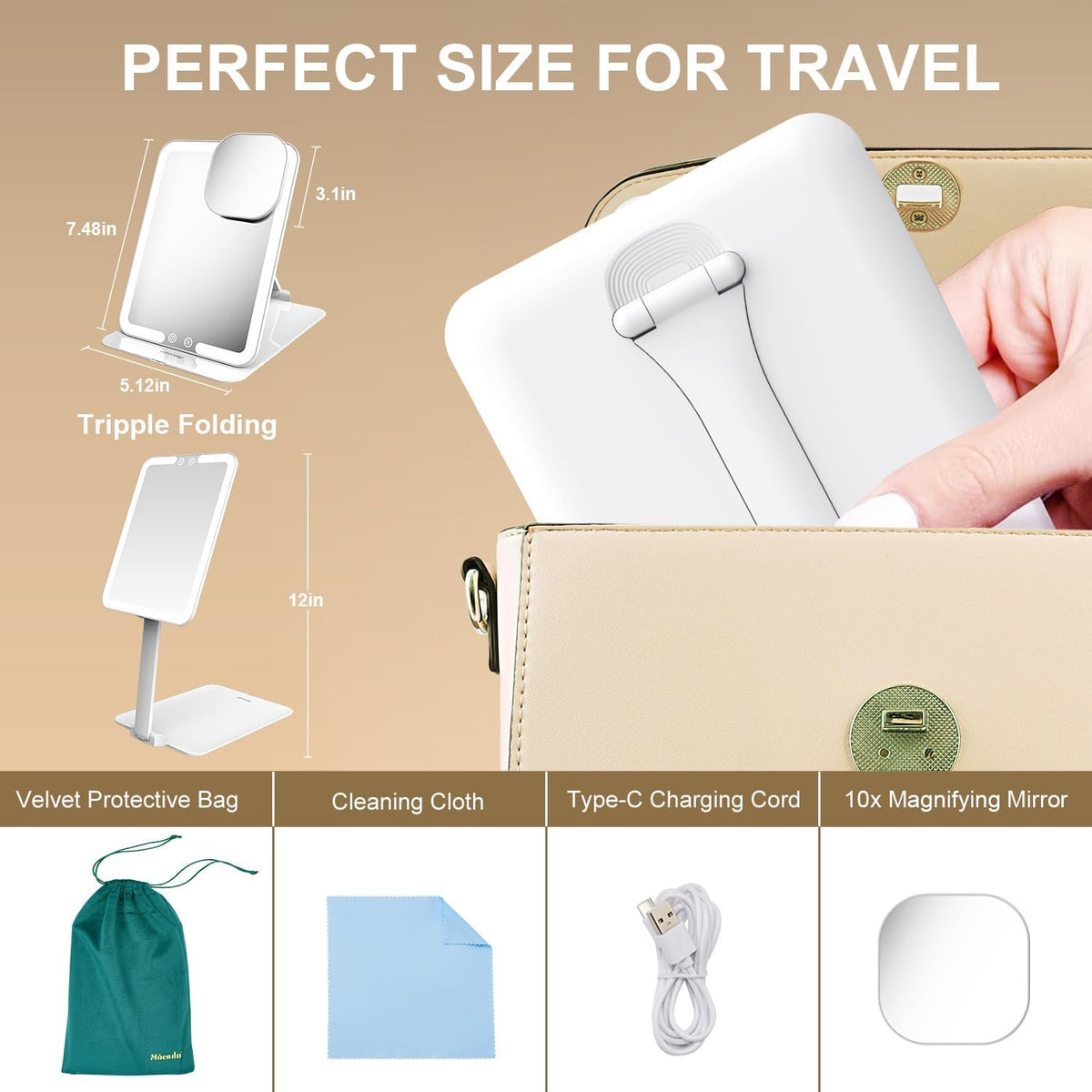 Mocado Travel Makeup Mirror with Light - 7x5 Inches Tripple Folding Travel Mirror with Light, 3