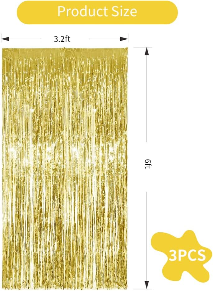 3Pcs Gold Metallic Tinsel Foil Fringe Curtains,3.28ft x 6.56ft Gold Photo Booth Backdrop Streamer