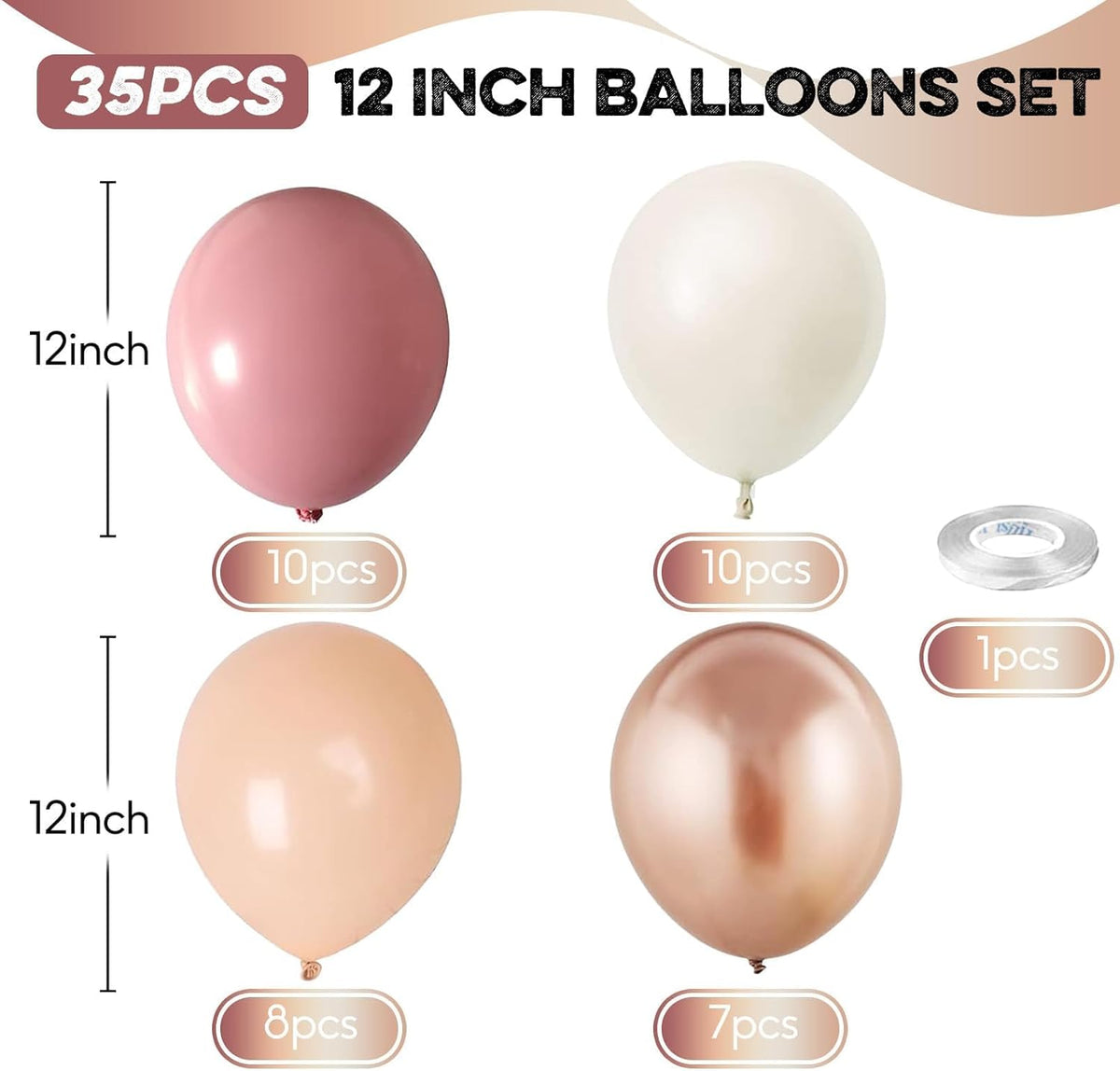 Retro Pink Beige Balloons Set, 12 Inch Dusty Pink Balloons Pink Gold Party Balloons Dark Gold Latex