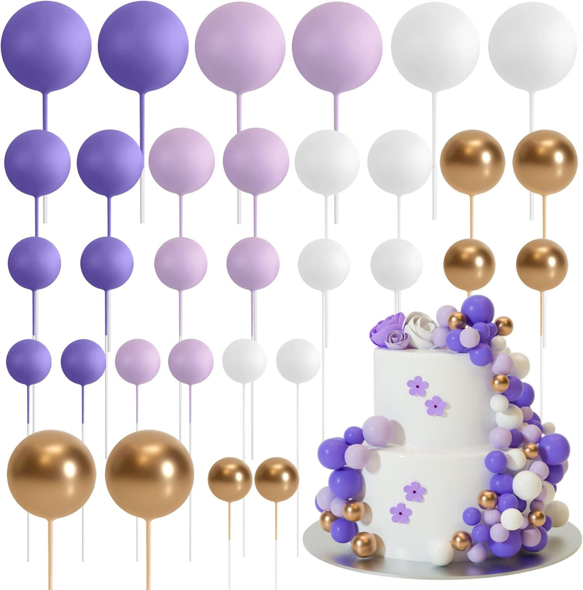 ASTARON 32 Pcs Ball Cake Topper Decorations Mini Balloons Cake Topper Sticks Foam Balls Cake Picks