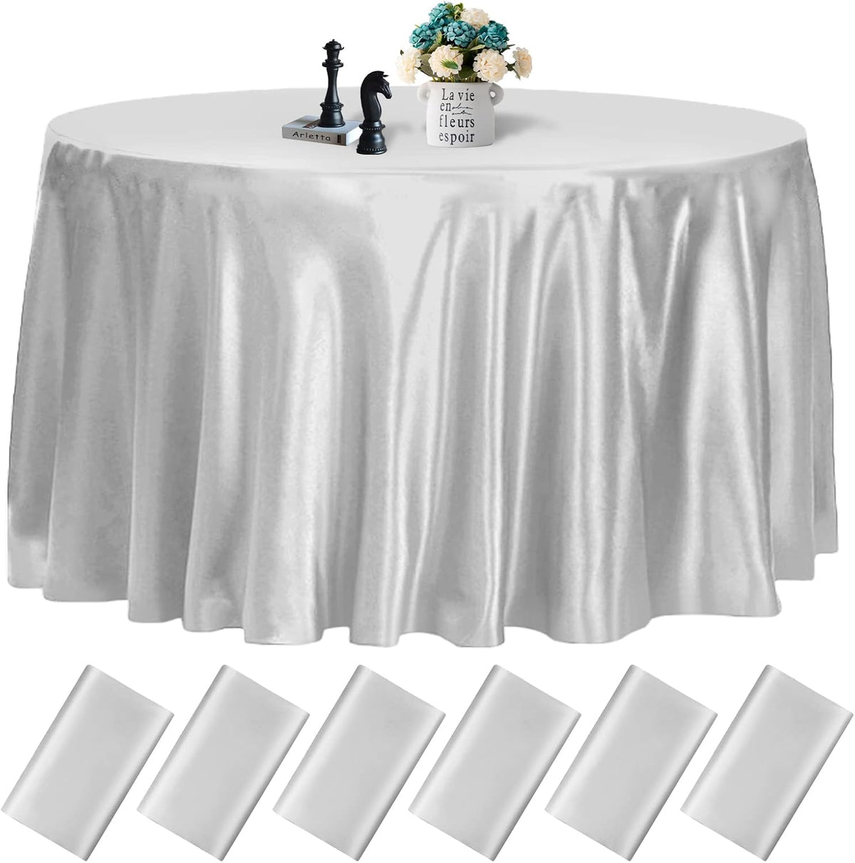 fani 6 Pack 120 Inch Sliver Round Tablecloth - Premium Silky Satin Tablecloth Overlay Smooth Fabric