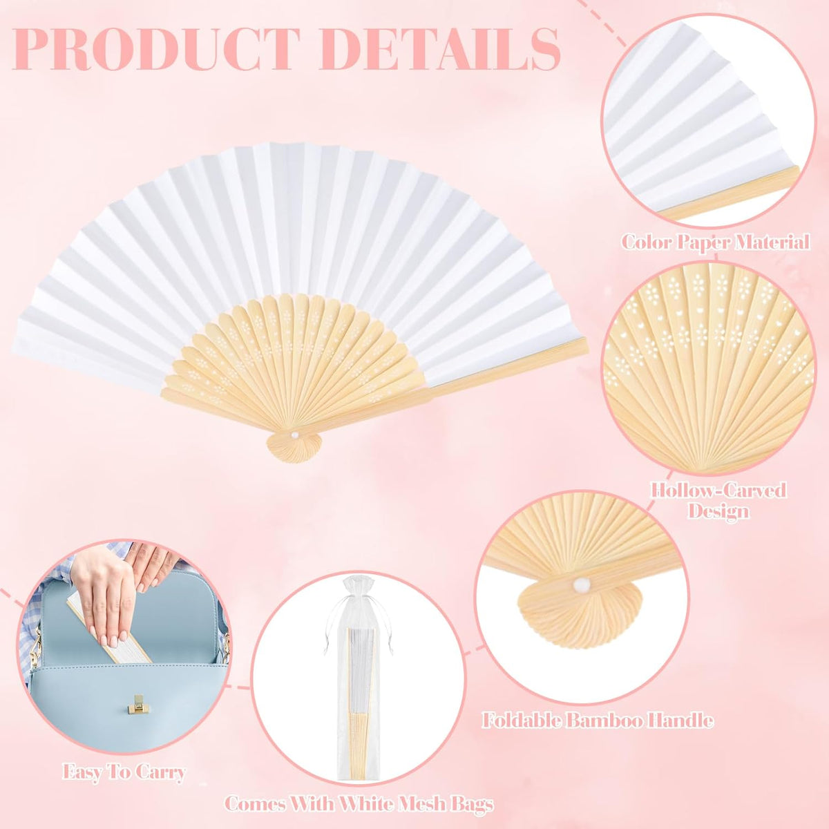 6 Pieces White Hand Held Bamboo Folding Fans Foldable Paper Fans Handheld for Women Girls Wedding