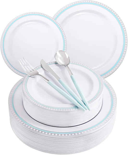 COLOSUS 125pcs Disposable Silver Blue Plastic Plates and Silverware .Light baby blue dinnerware