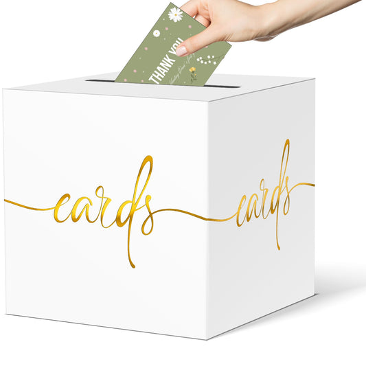 CINSOEN White Wedding Card Box with Gold Foil Design, Paperboard 8.7" Gift Card Holder for