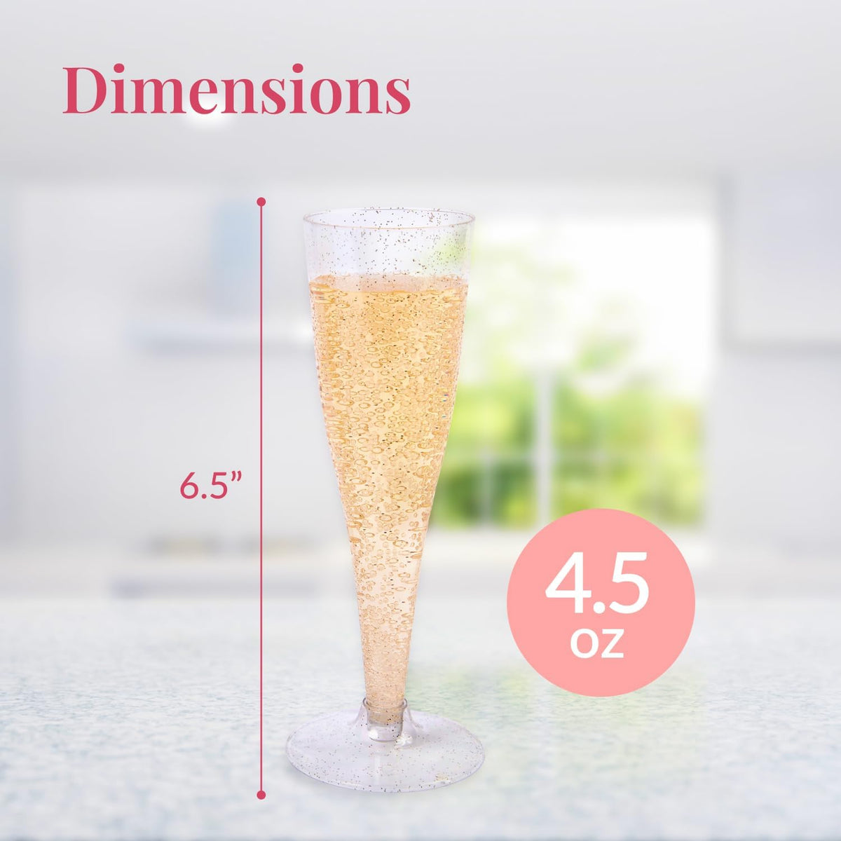 Prestee 24 Piece Plastic Champagne Flutes - 4.5 oz Plastic Wine Glasses with Rose Gold Glitter