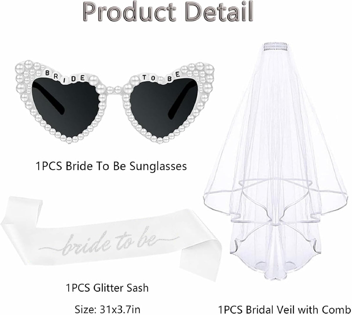 3PCS Glitter Silver Bride To Be Sash and Veil Bride Heart Pearl Sunglasses for Bachelorette Bridal