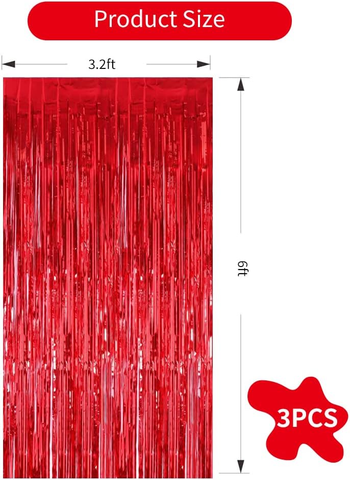 3Pcs Red Metallic Tinsel Foil Fringe Curtains,3.28ft x 6.56ft Red Photo Booth Backdrop Streamer
