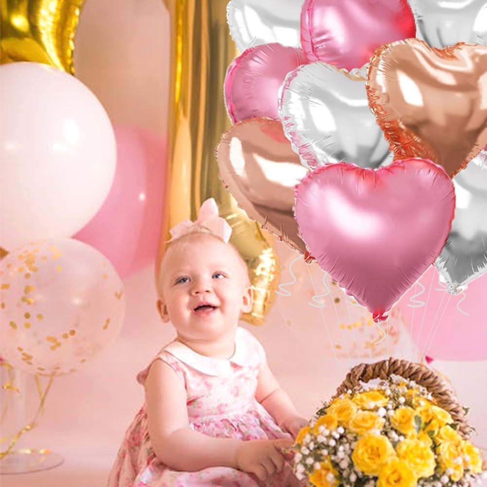 Rose Gold & Silver Heart Balloons，18 Inch Light Pink Foil Love Heart Shaped Balloons for Birthday