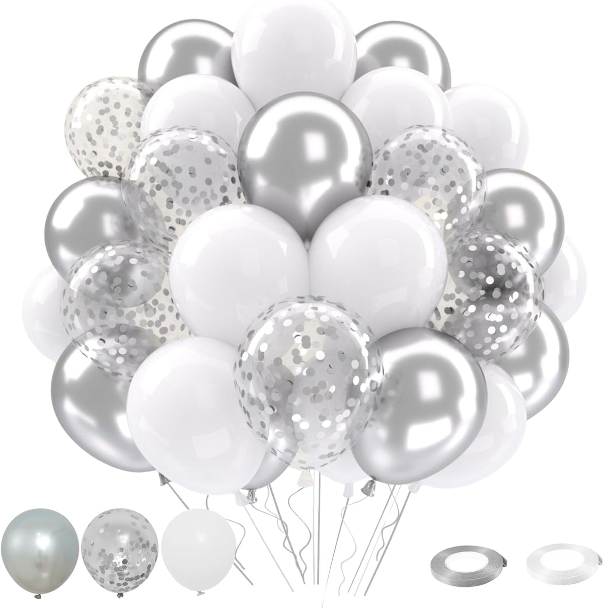 Patimate White and Silver Balloons Set, 50 pcs 12 inch Metallic Silver White Confetti Latex