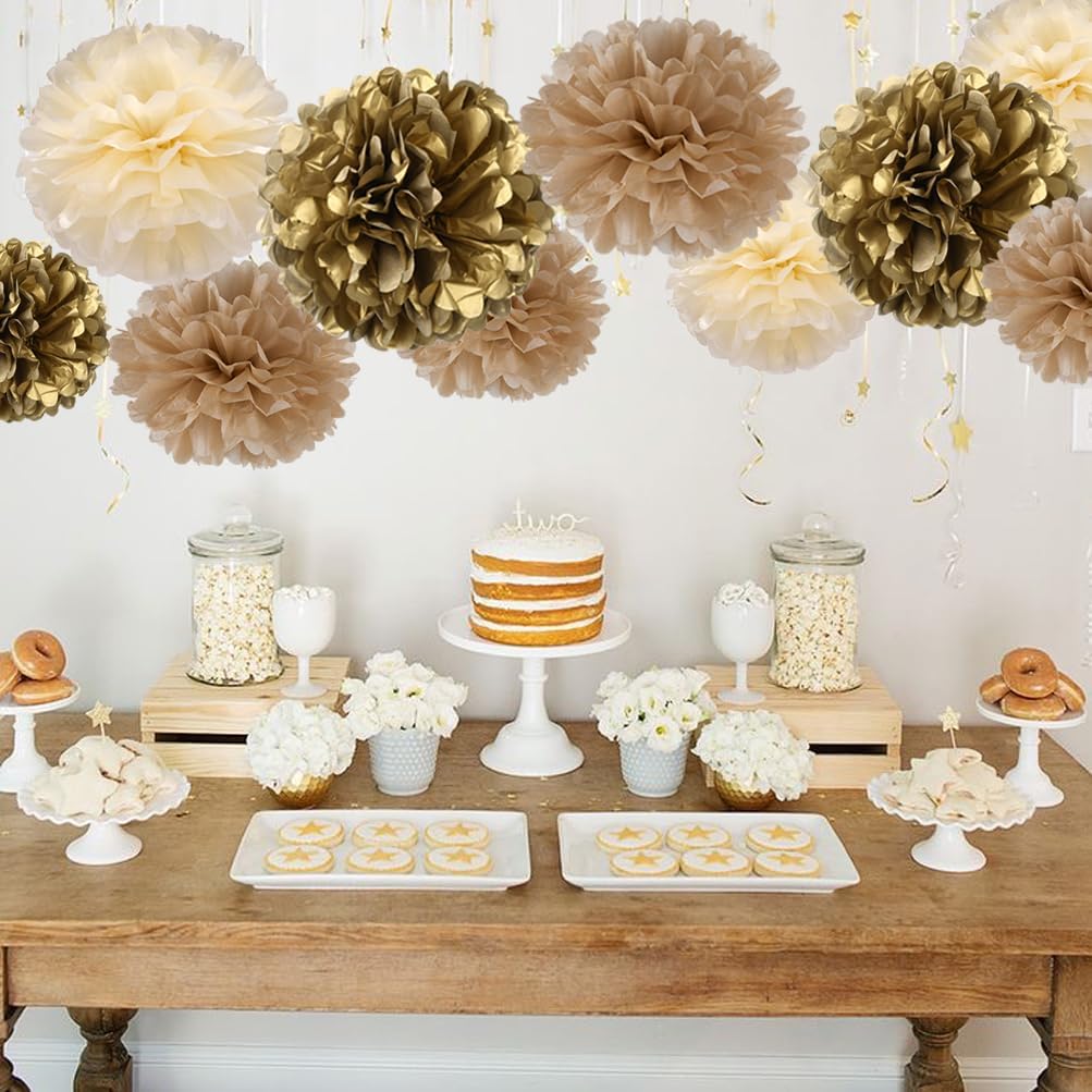 Gold Champagne Gold and Ivory White Paper Flower Tissue Pom Poms for Baby Shower Bridal Engagement