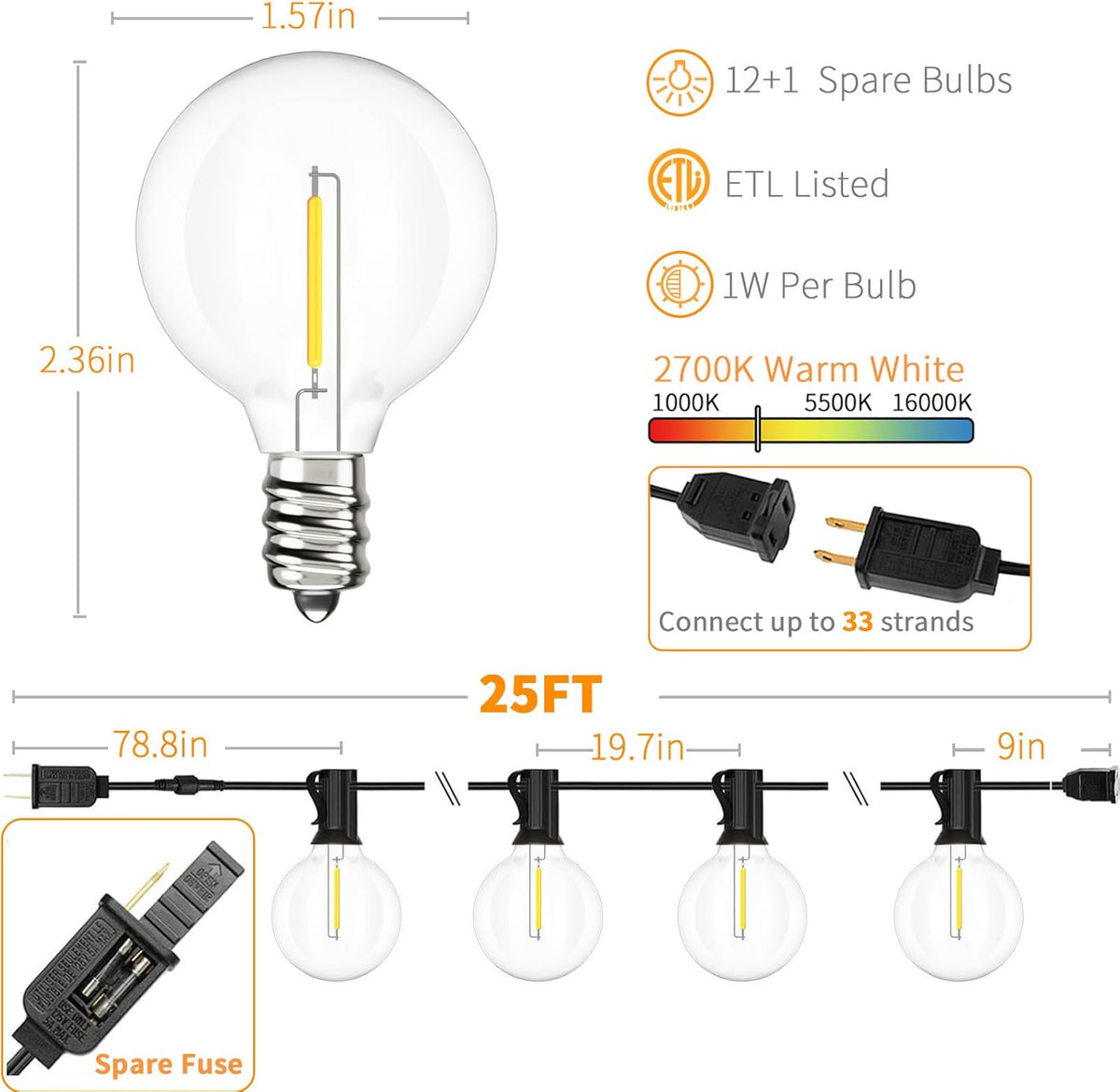 Svater Outdoor String Lights LED 25 FT, Patio Globe Lights with 13 Plastic G40 Bulbs, Waterproof