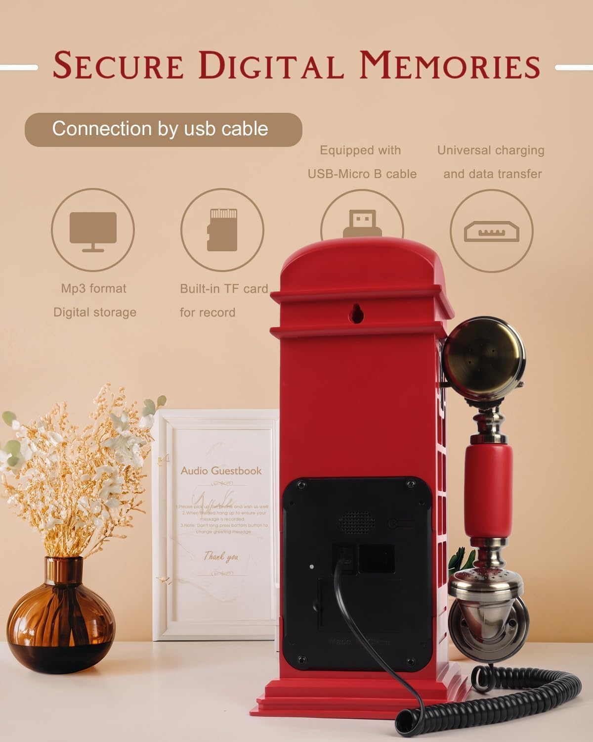 Audio Guest Book Wedding Phone with Vintage Phone Booth Design, Record Customized Audio Message