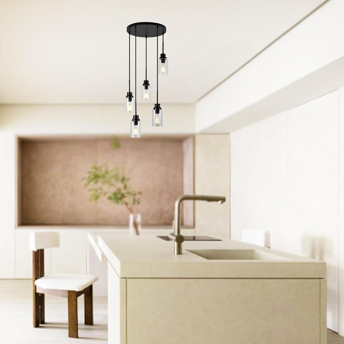 5-Light Kitchen Island Dimmable Pendant Lights with Clear Glass Shade, Black Finish for Dinning