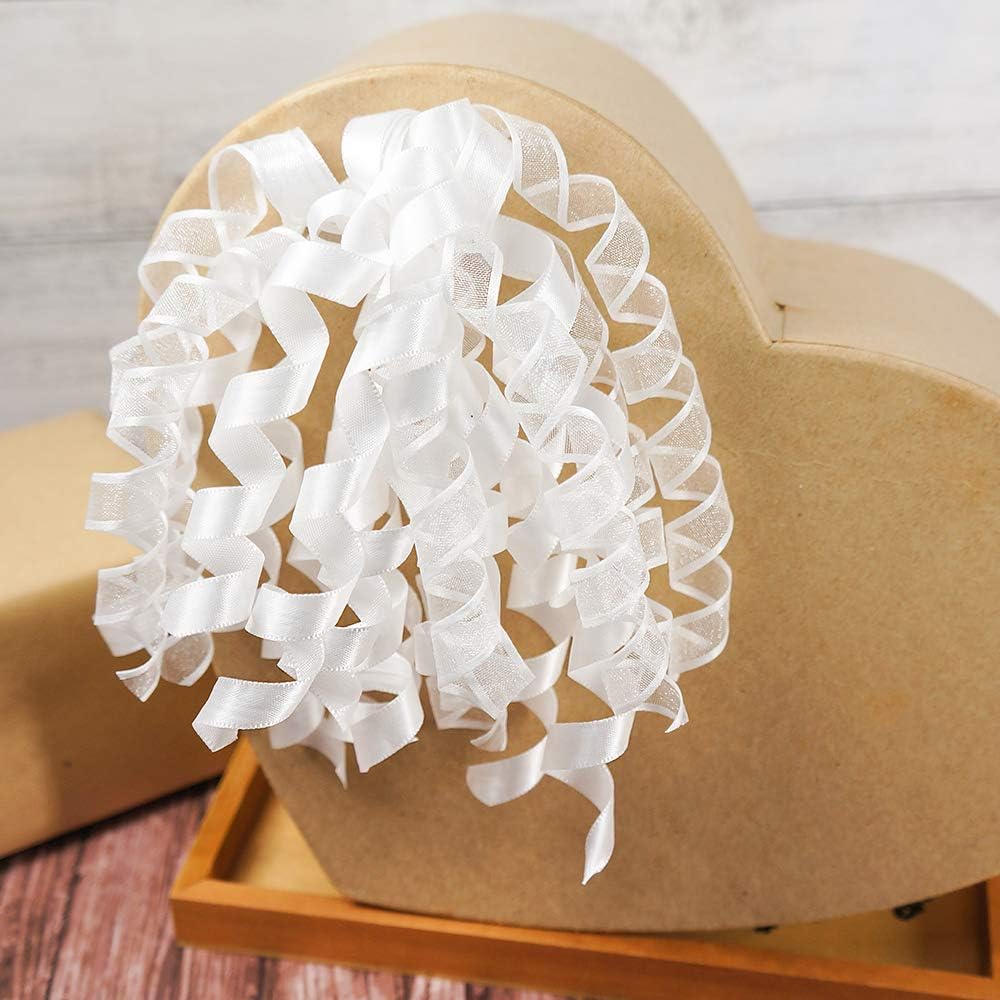 CT CRAFT LLC White Satin and Sheer Curly Ribbon Bow 6" Long x 6 Counts Gift Wrapping Pre-Tied