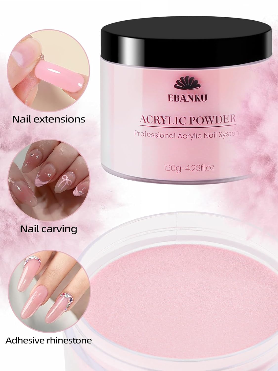 Pink Acrylic Powder, EBANKU 120g/4.23oz Cover Pink Nail Acrylic Powder Large Capacity Professional