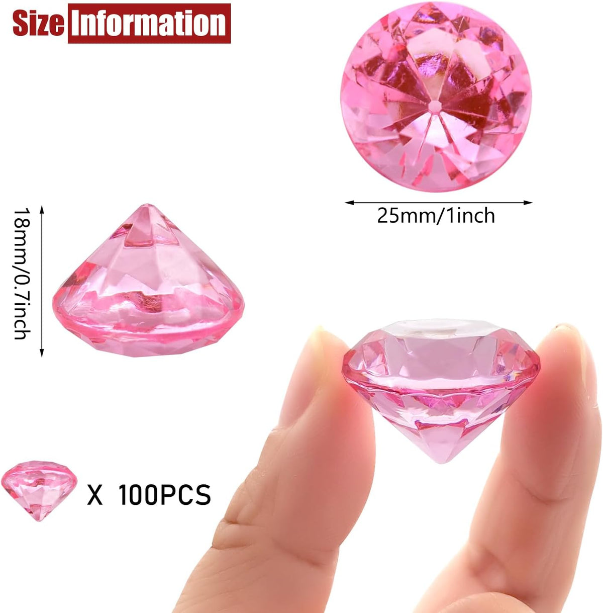100 PCS Acrylic Diamond Gems, Pink Acrylic Diamonds 1 Inch Acrylic Gemstones Vase Filler Fake Gems