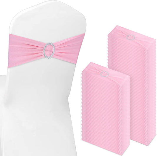 CHENGU 150 Pieces Spandex Stretch Chair Sashes Bows Elastic Chair Cover Bands Ties with Buckle