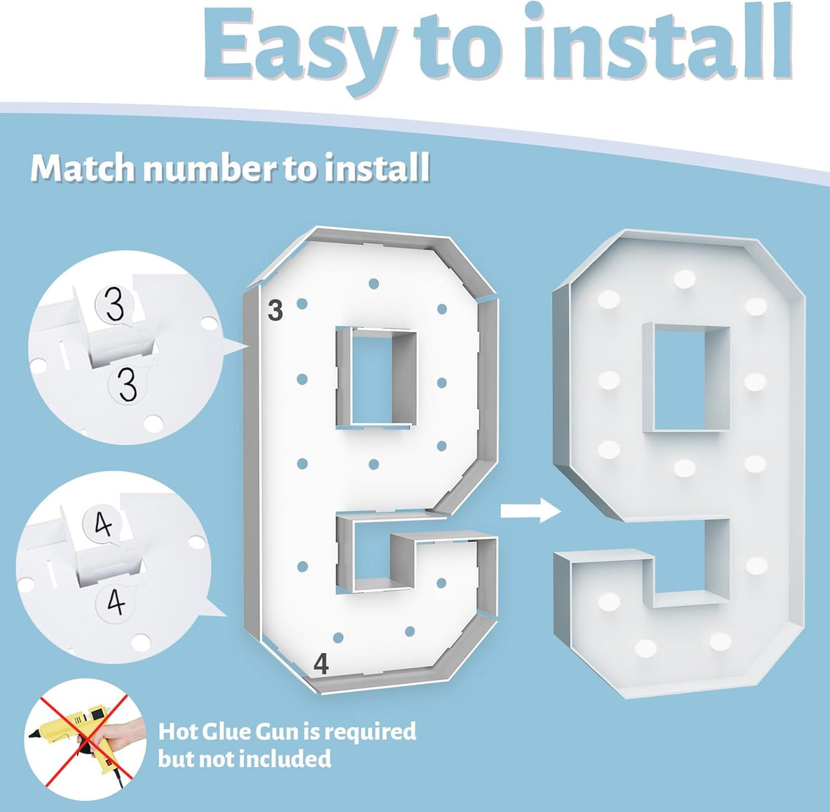 4FT Marquee Light Up Numbers - Cool White Light Up Numbers 9 with Fixed Water Bag, Party Decoration