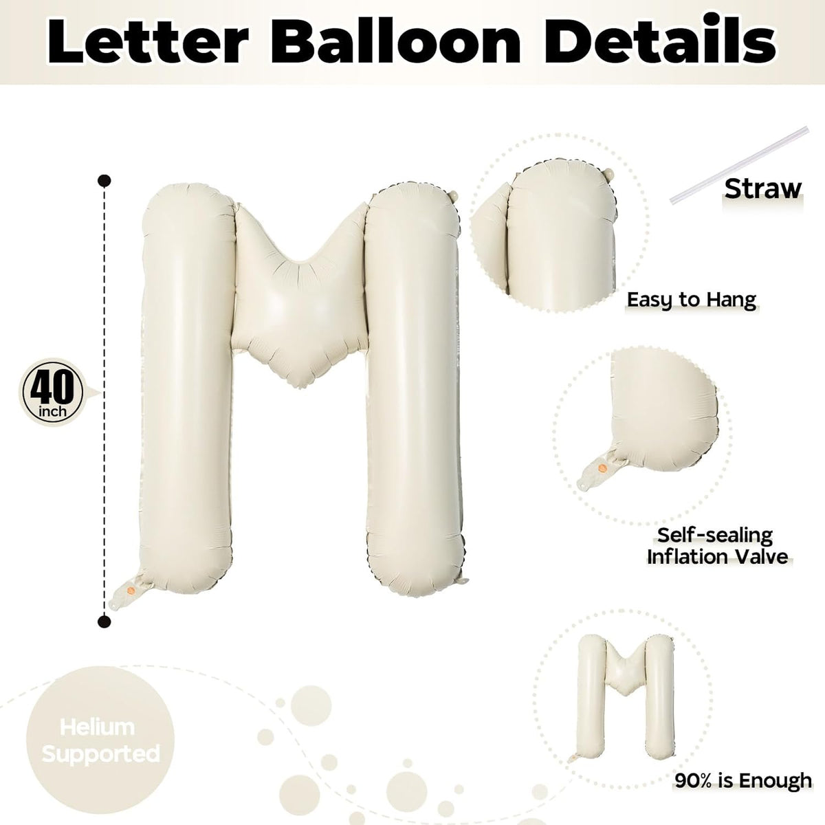 Big Letters Balloon M - 40 Inch Cream White Sand Helium Mylar Custom Name Alphabet Balloons, Self