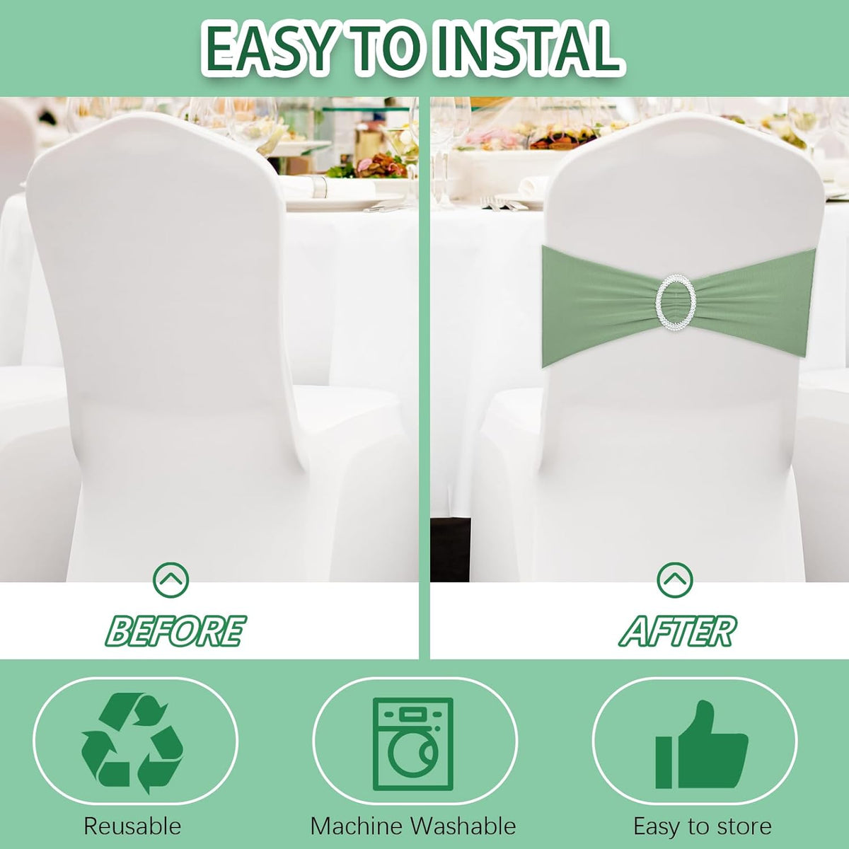 CHENGU 150 Pieces Spandex Stretch Chair Sashes Bows Elastic Chair Cover Bands Ties with Buckle
