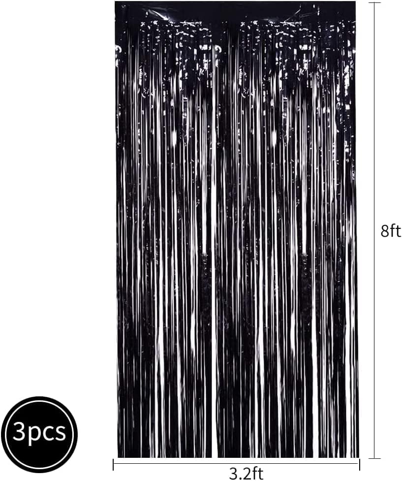 TONIFUL 3Pcs Black Door Streamers,Black Photo Booth Backdrop Metallic Streamers Foil Fringe