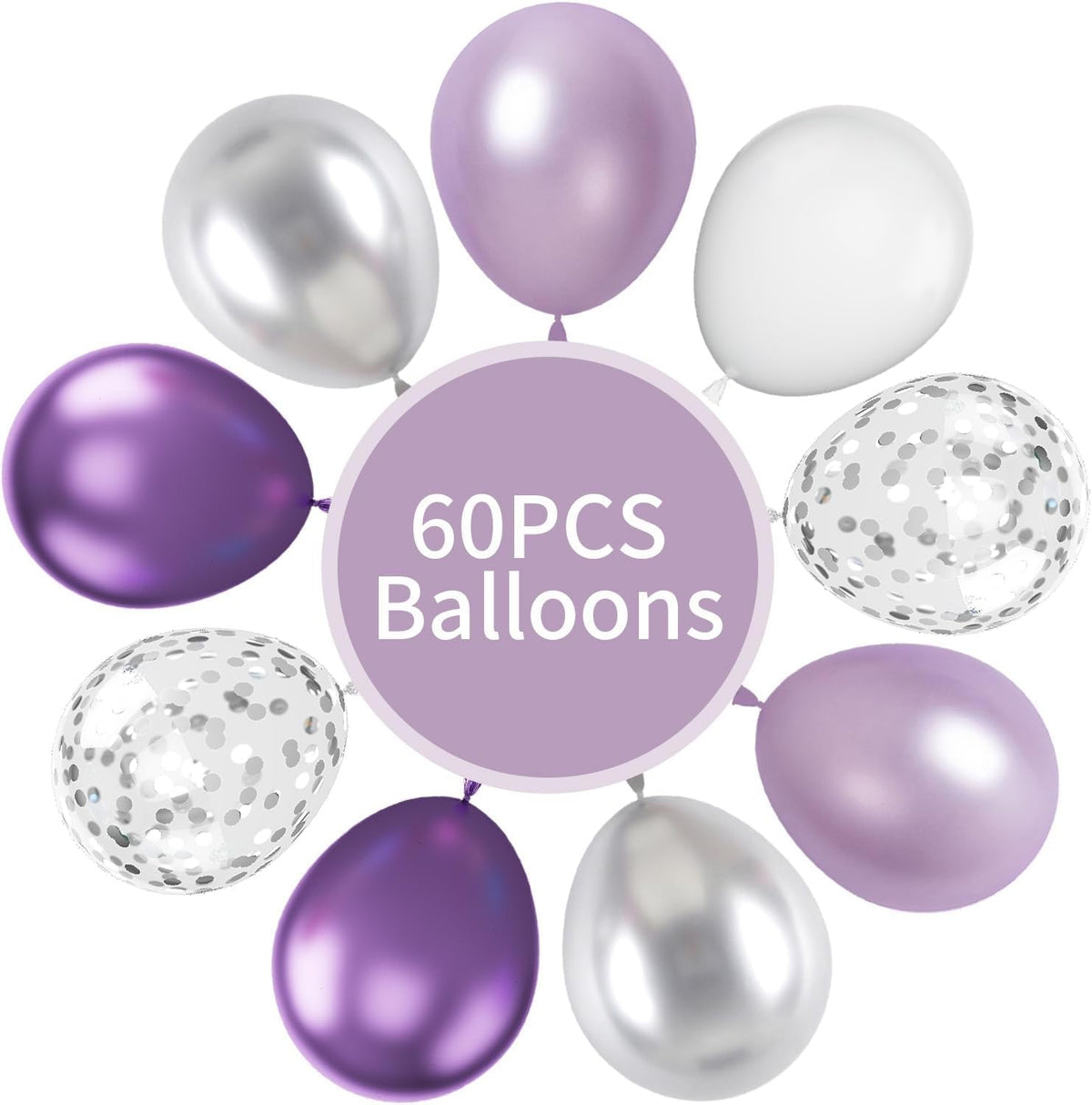 FunHot Silver and Purple Balloons, 60Pcs 12 Inch Metallic Silver Confetti and White Latex for Girls