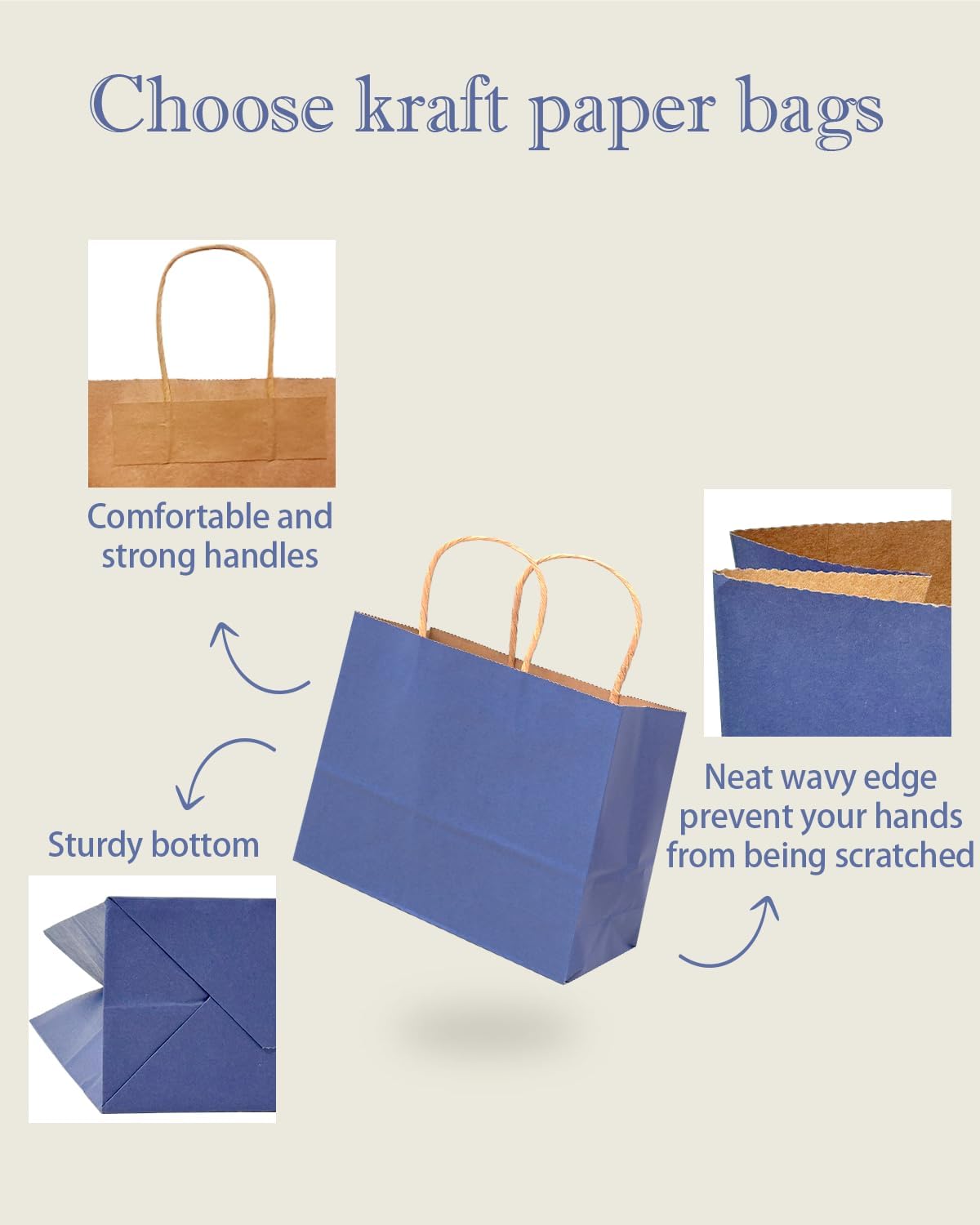 qiqee 100PCS Large Gift Bag with Handles Bulk 13"x4.5"x10" Gift Bags Kraft Deep Blue Multiple Uses