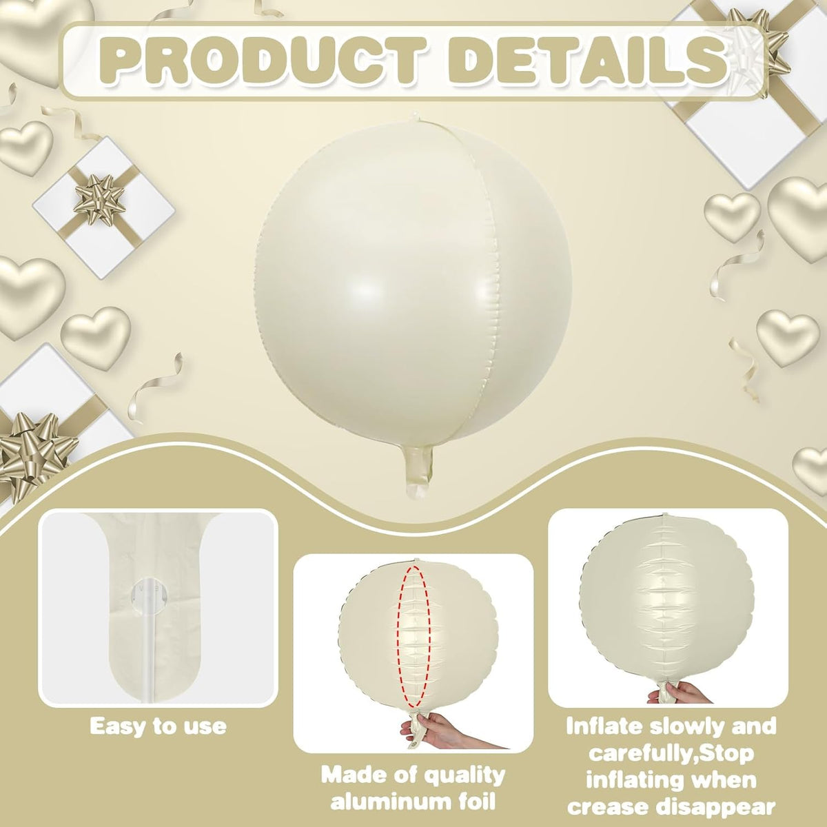 Sand White Brown Round Foil Balloons 6Pcs,Giant 4D Round Ball Balloons,22 Inch Boho Cream Nude
