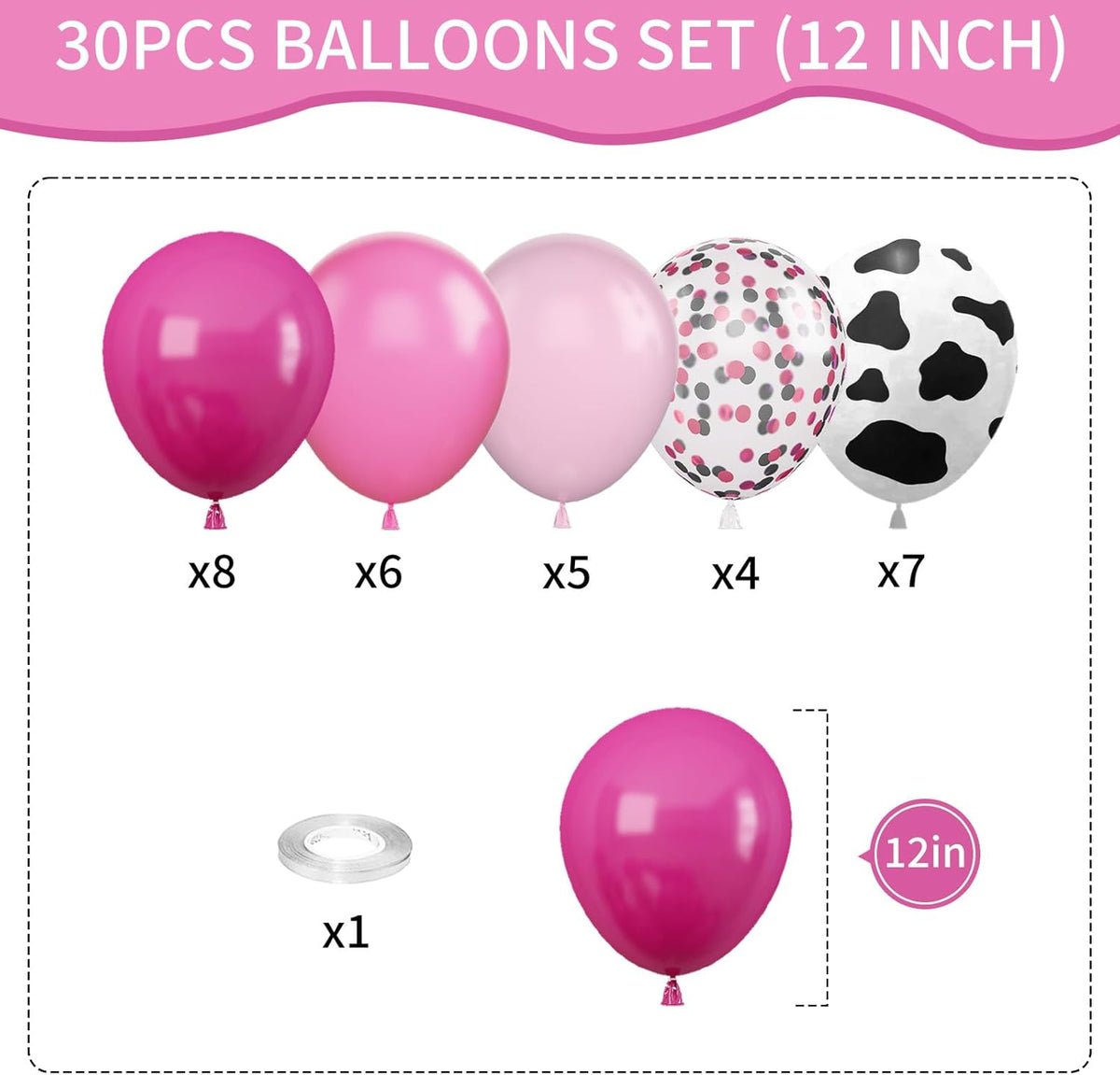 Cow Balloons, 12 Inch Pink Cow Print Balloon Hot Pink Pastel Pink Confetti Pink Helium Latex