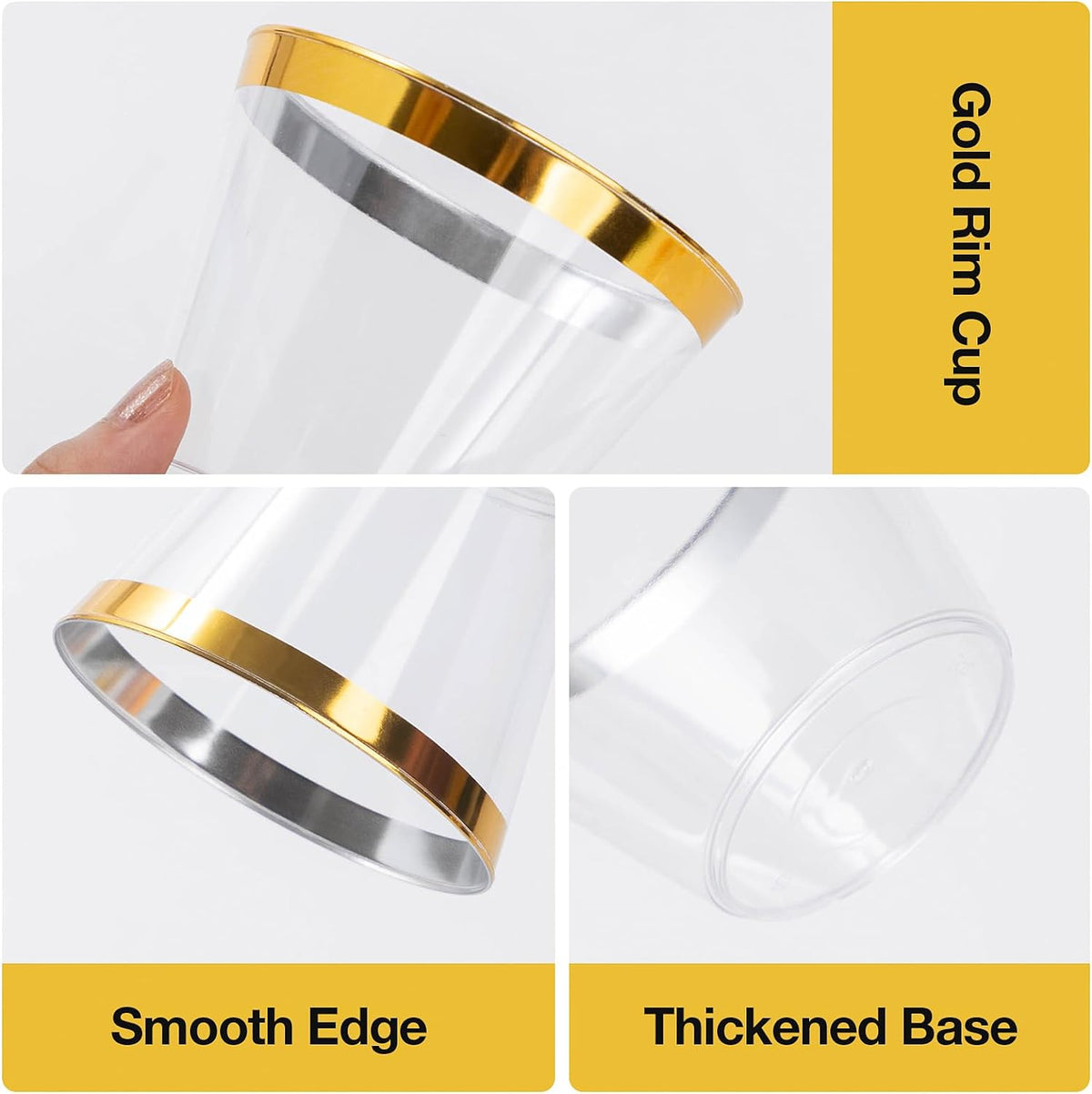 Goodluck 200PCS 9oz Gold Plastic Cups for Party, Disposable Gold Rim Cups, Plastic Cocktail Glasses