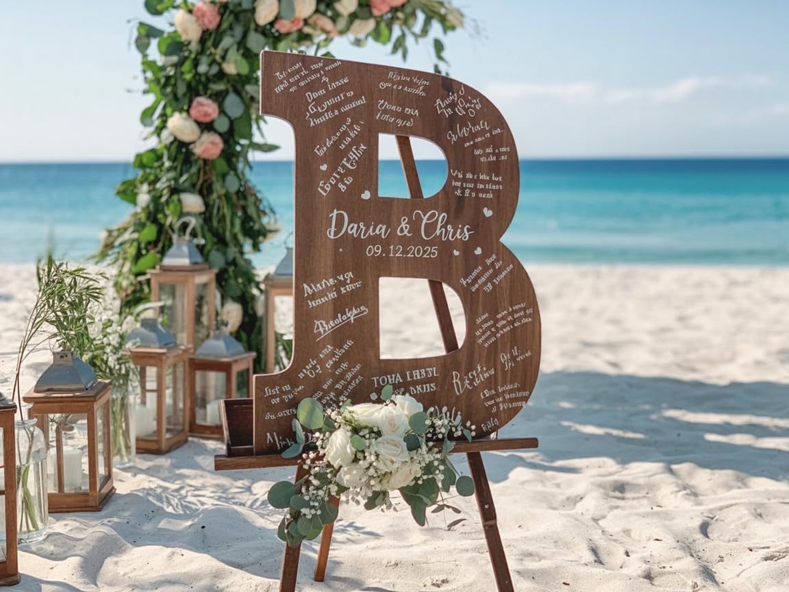 NAZENTI Wedding Guest Book Alternative Wooden Letter Personalized, Custom Initial Wedding Guest
