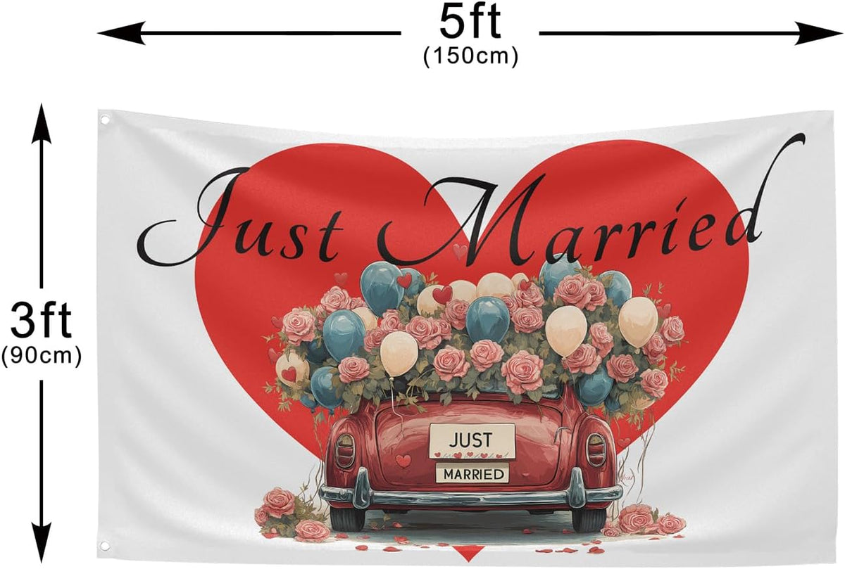 Heart Just Married Flag Banner Outdoor Indoor Decoration Flag 3x5 FT Double Stitched Polyester with