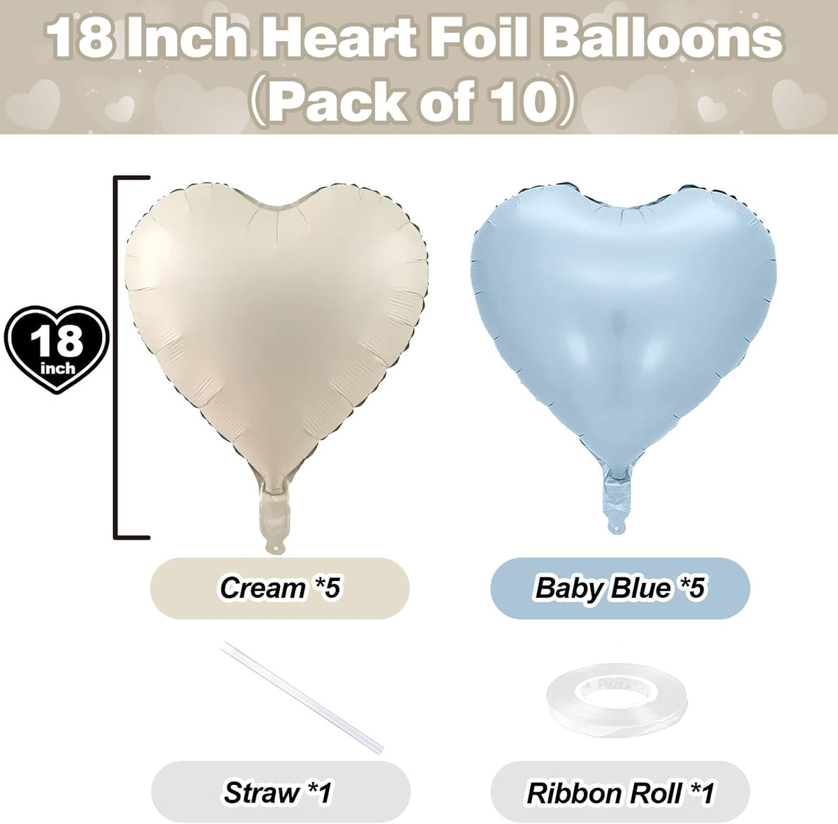 Blue White Heart Balloons, 18 Inch Baby Blue Cream Foil Heart Balloons, 10PCS Light Blue Nude Heart
