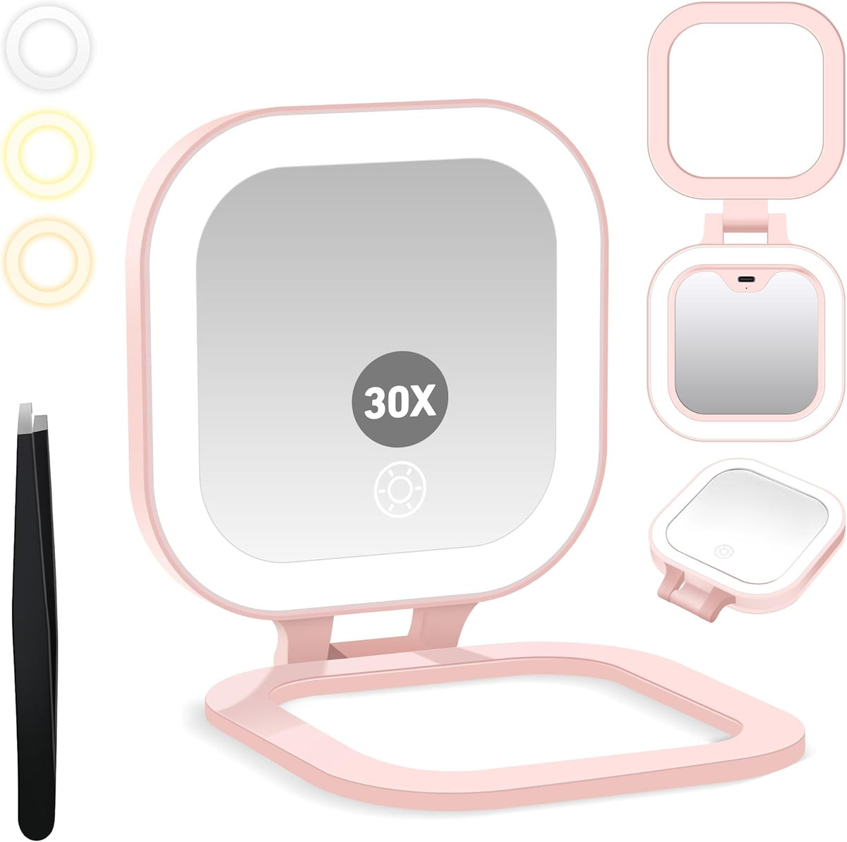 Travel Mirror with Light, 1x/30x Magnifying Mirror with 3 Color Lights and Adjustable Brightness