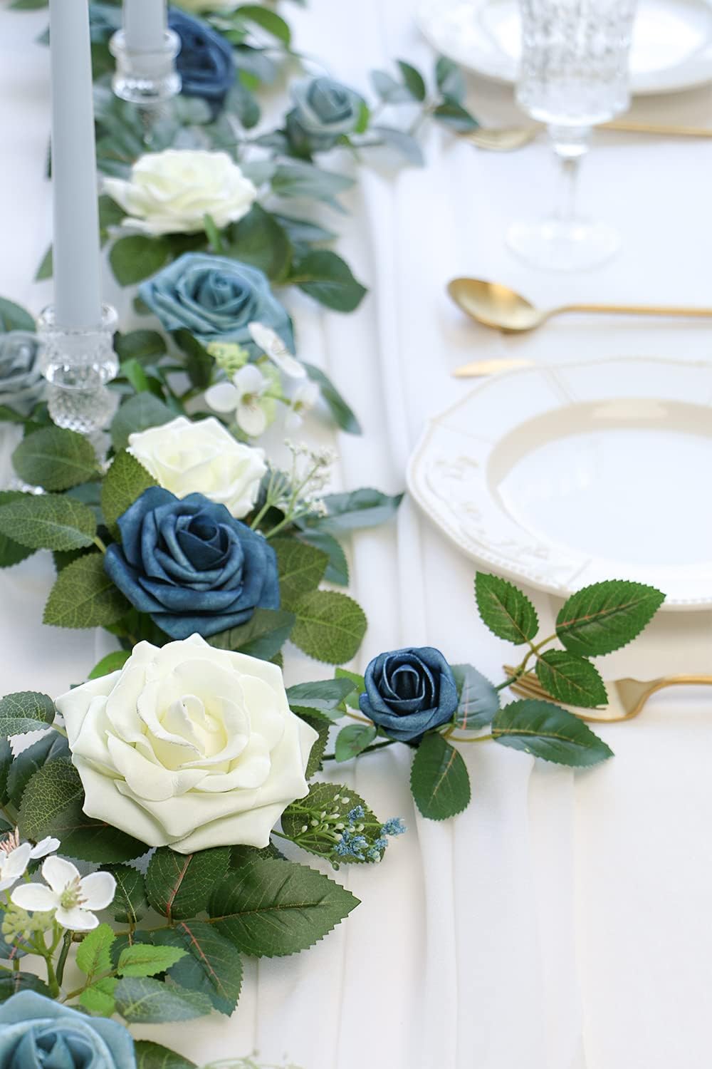 PONATIA 5FT Handcrafted Artificial Rose Flower Garland, Dusty Blue Flowers Greenery Garland for